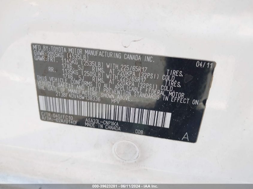 2011 Toyota Rav4 VIN: 2T3BF4DV4BW138336 Lot: 39623281