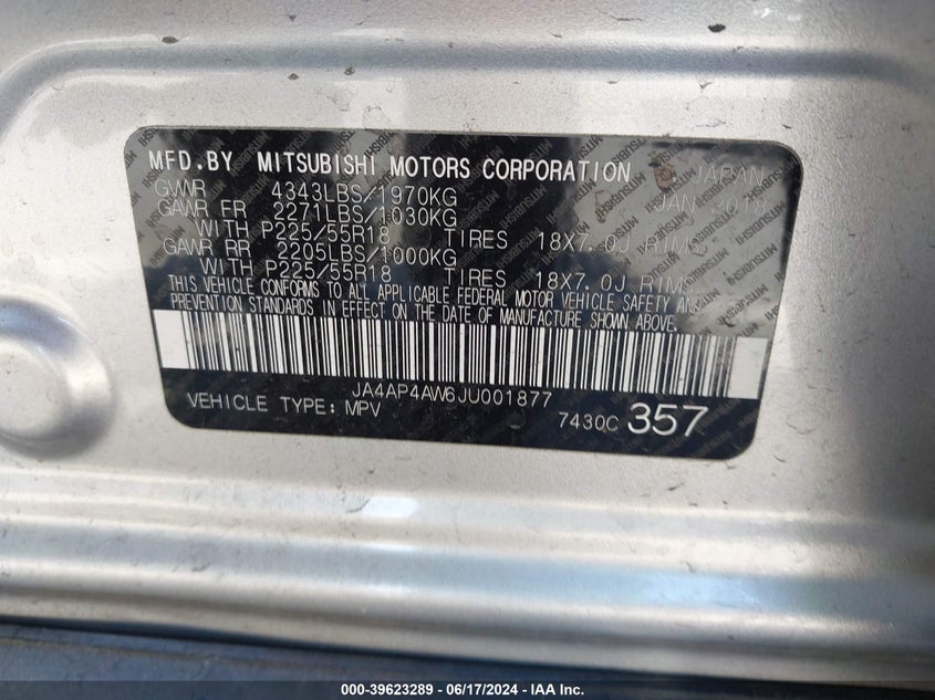 2018 Mitsubishi Outlander Sport 2.4 Sel VIN: JA4AP4AW6JU001877 Lot: 39623289