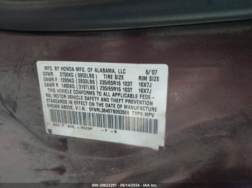 2007 Honda Odyssey Ex VIN: 5FNRL38497B093569 Lot: 39623297