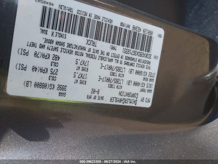 2003 Dodge Ram 2500 Slt/Laramie/St VIN: 3D3KA28DX3G716551 Lot: 39623305