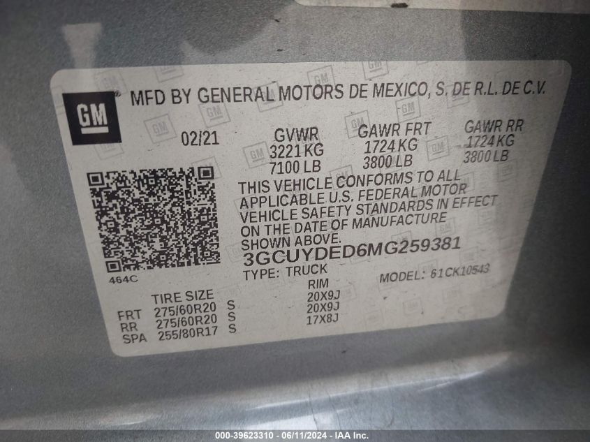 2021 Chevrolet Silverado 1500 4Wd Short Bed Lt VIN: 3GCUYDED6MG259381 Lot: 39623310