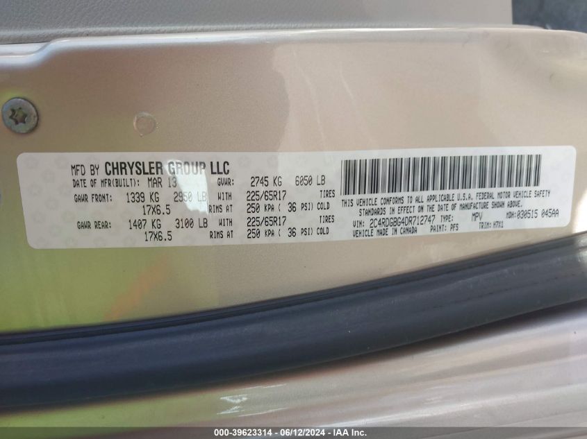 2013 Dodge Grand Caravan Se VIN: 2C4RDGBG4DR712747 Lot: 39623314