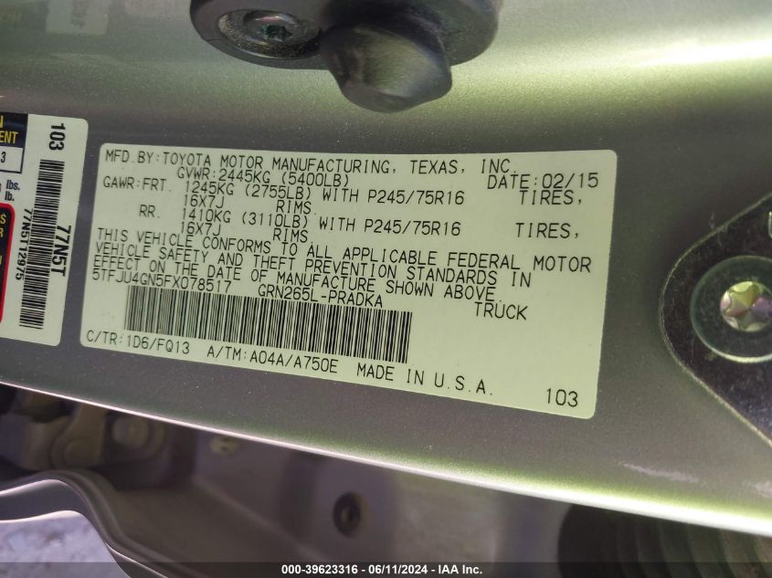 2015 Toyota Tacoma Prerunner V6 VIN: 5TFJU4GN5FX078517 Lot: 39623316