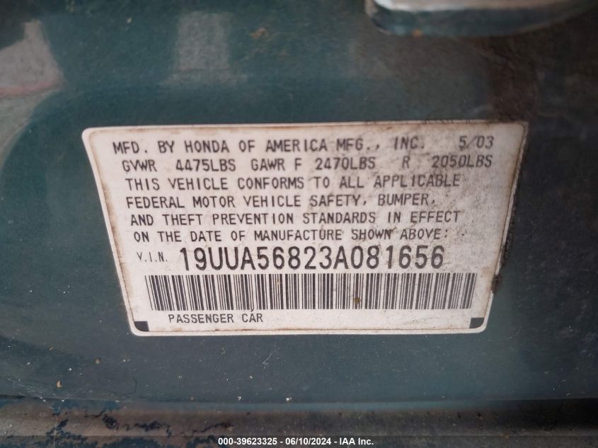 2003 Acura Tl 3.2 Type S VIN: 19UUA56823A081656 Lot: 39623325