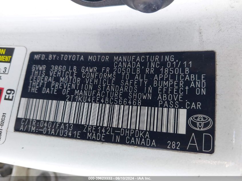 2011 Toyota Matrix VIN: 2T1KU4EE4BC566468 Lot: 39623333