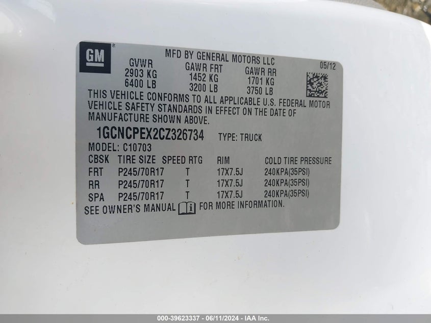 2012 Chevrolet Silverado C1500 VIN: 1GCNCPEX2CZ326734 Lot: 39623337