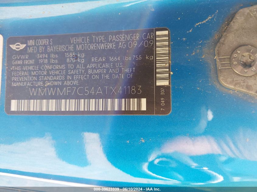 2010 Mini Cooper S VIN: WMWMF7C54ATX41183 Lot: 39623339