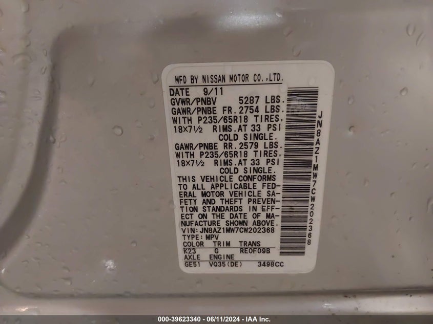 2012 Nissan Murano Sv VIN: JN8AZ1MW7CW202368 Lot: 39623340