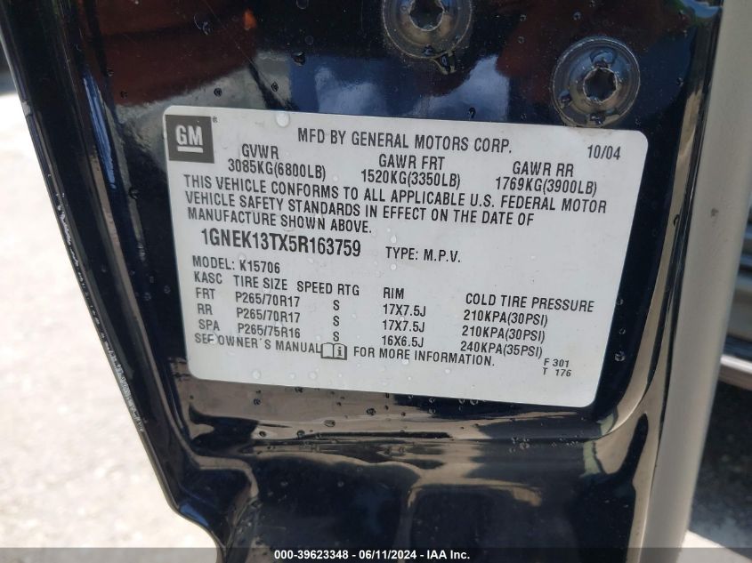2005 Chevrolet Tahoe Z71 VIN: 1GNEK13TX5R163759 Lot: 39623348