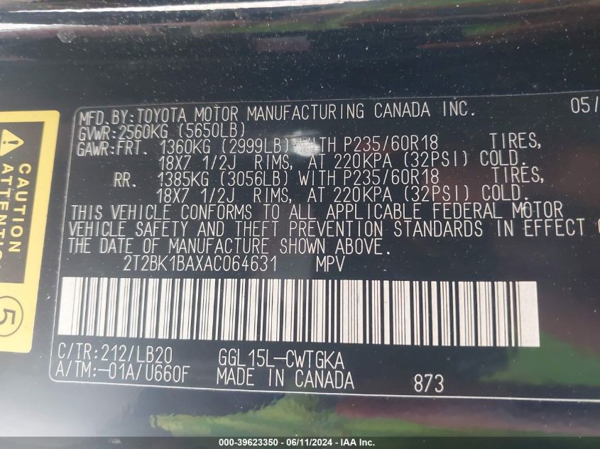 2010 Lexus Rx 350 VIN: 2T2BK1BAXAC064631 Lot: 39623350