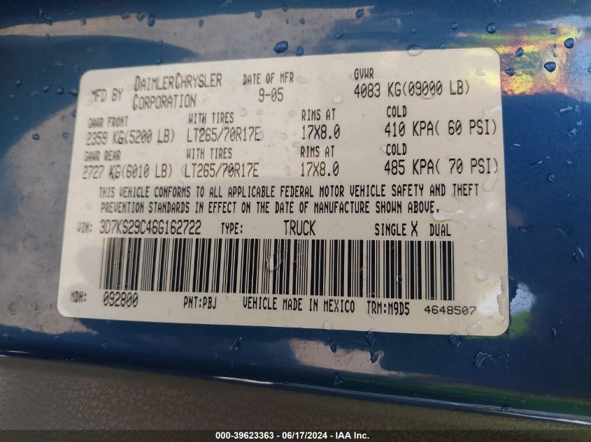 2006 Dodge Ram 2500 Slt VIN: 3D7KS29C46G162722 Lot: 39623363