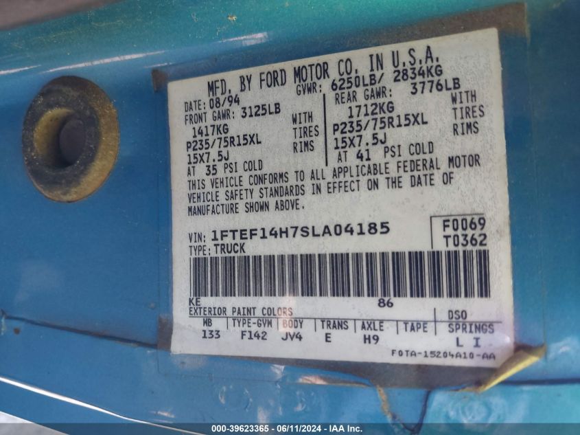 1995 Ford F150 VIN: 1FTEF14H7SLA04185 Lot: 39623365
