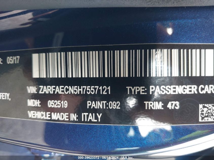 2017 Alfa Romeo Giulia Ti Rwd VIN: ZARFAECN5H7557121 Lot: 39623372