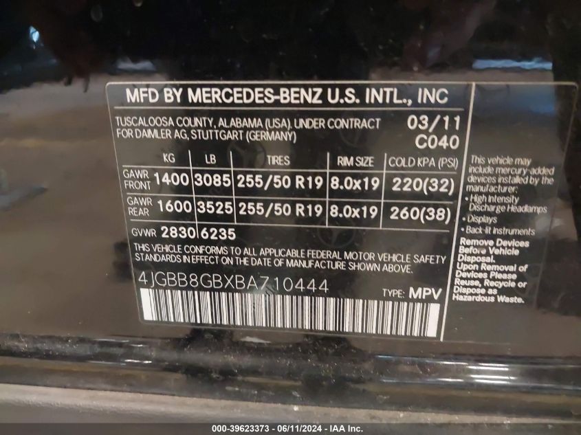 2011 Mercedes-Benz Ml 350 4Matic VIN: 4JGBB8GBXBA710444 Lot: 39623373