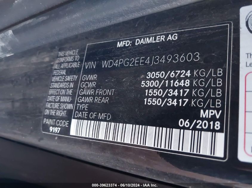 2018 Mercedes-Benz Metris VIN: WD4PG2EE4J3493603 Lot: 39623374
