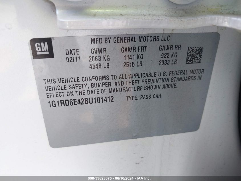 2011 Chevrolet Volt VIN: 1G1RD6E42BU101412 Lot: 39623375