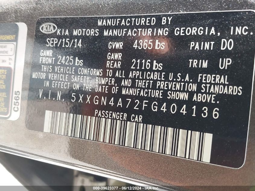2015 Kia Optima Ex VIN: 5XXGN4A72FG404136 Lot: 39623377