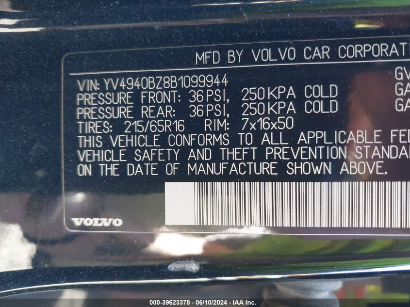 2011 Volvo Xc70 3.2 VIN: YV4940BZ8B1099944 Lot: 39623378