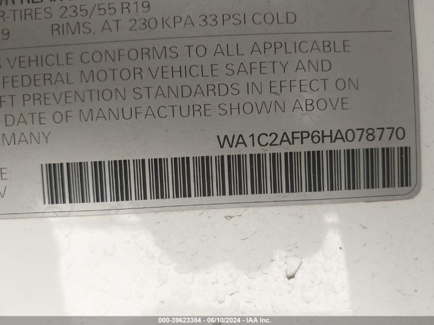 2017 Audi Q5 2.0T Premium VIN: WA1C2AFP6HA078770 Lot: 39623384