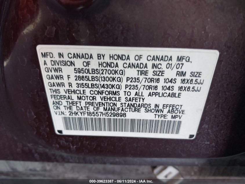 2007 Honda Pilot Ex-L VIN: 2HKYF18557H529898 Lot: 39623387