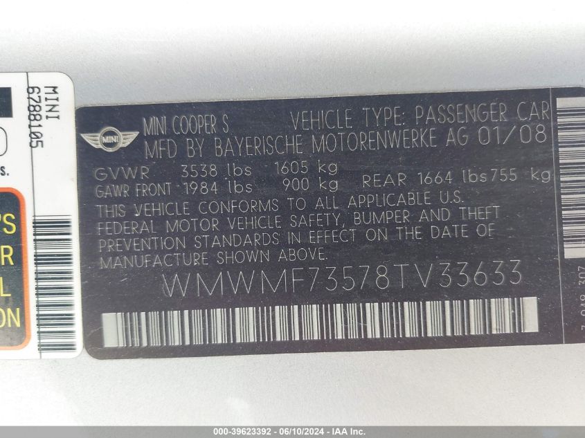 2008 Mini Cooper S VIN: WMWMF73578TV33633 Lot: 39623392