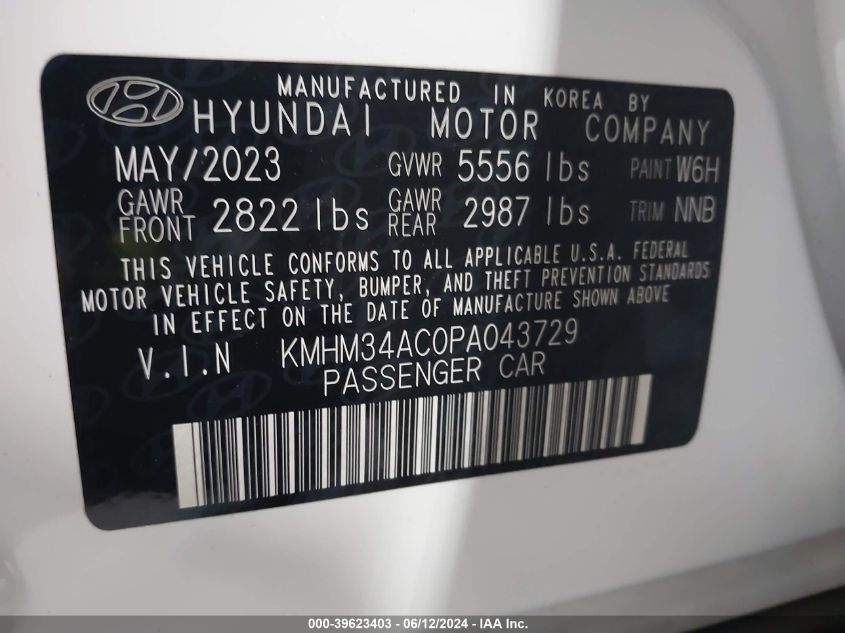 2023 Hyundai Ioniq 6 Sel VIN: KMHM34AC0PA043729 Lot: 39623403