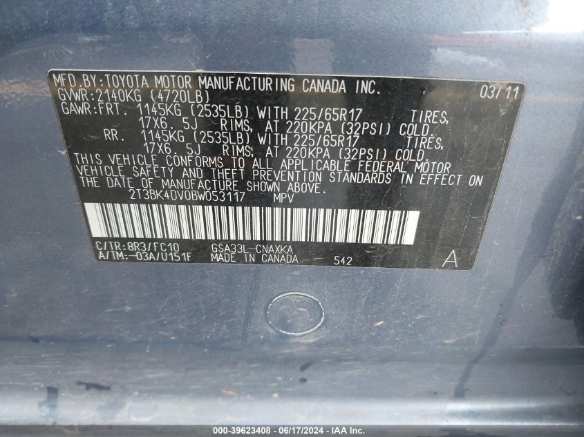 2011 Toyota Rav4 Base V6 VIN: 2T3BK4DV0BW053117 Lot: 39623408