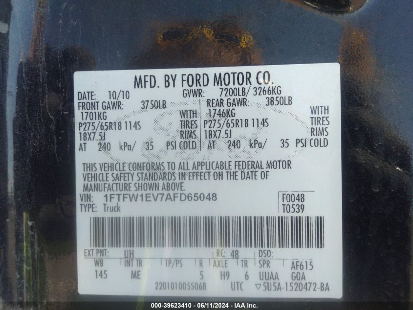 1FTFW1EV7AFD65048 | 2010 FORD F-150