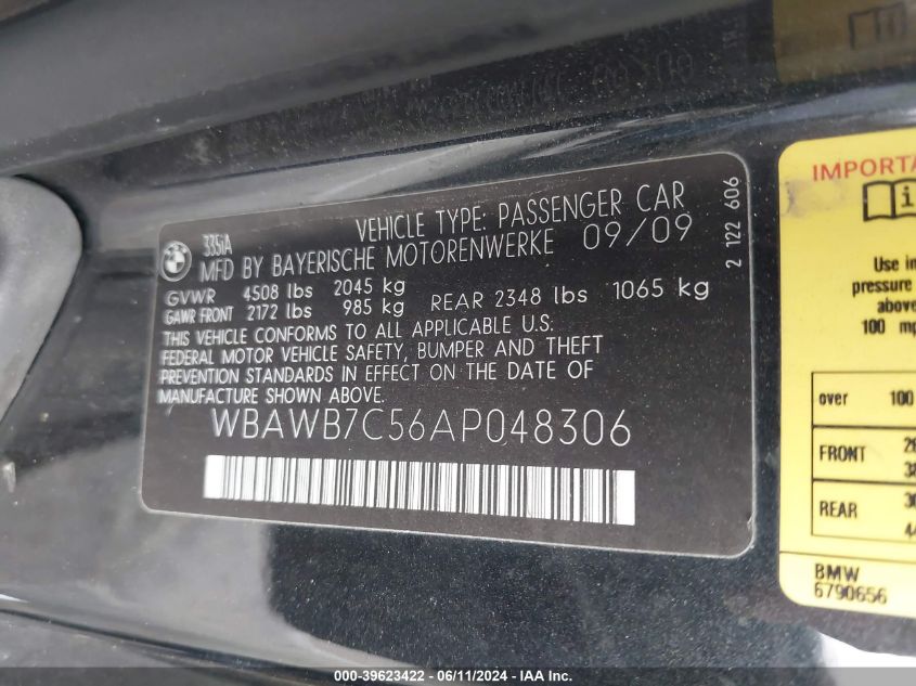 2010 BMW 335I VIN: WBAWB7C56AP048306 Lot: 39623422