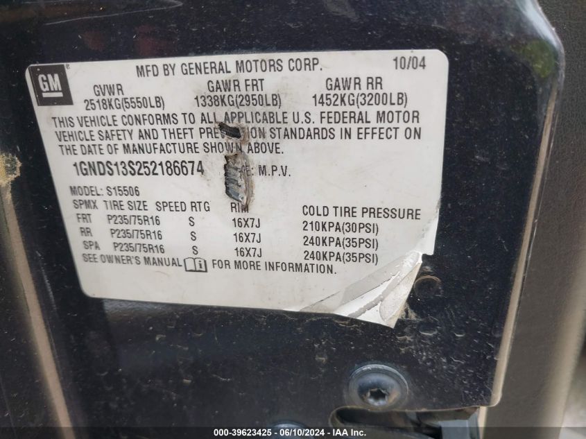 2005 Chevrolet Trailblazer Ls VIN: 1GNDS13S252186674 Lot: 39623425