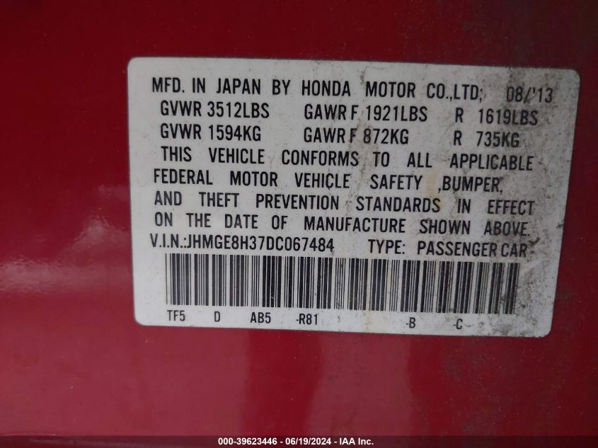 2013 Honda Fit VIN: JHMGE8H37DC067484 Lot: 39623446