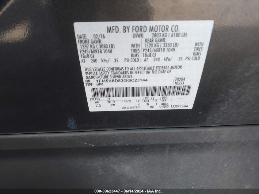 2016 Ford Explorer Xlt VIN: 1FM5K8D83GGC23144 Lot: 39623447