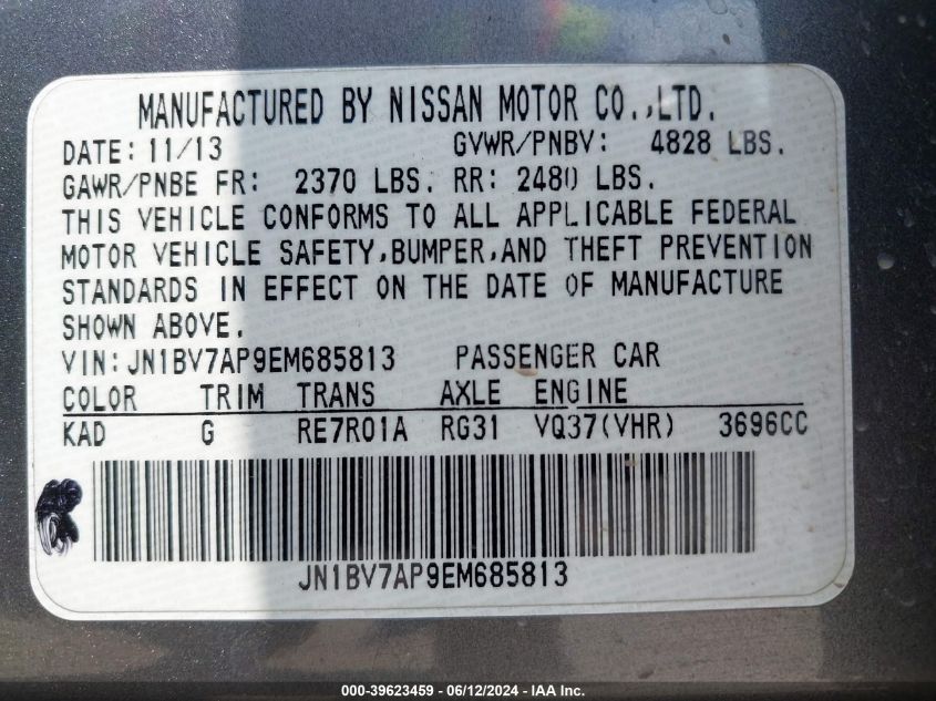 2014 Infiniti Q50 Sport VIN: JN1BV7AP9EM685813 Lot: 39623459