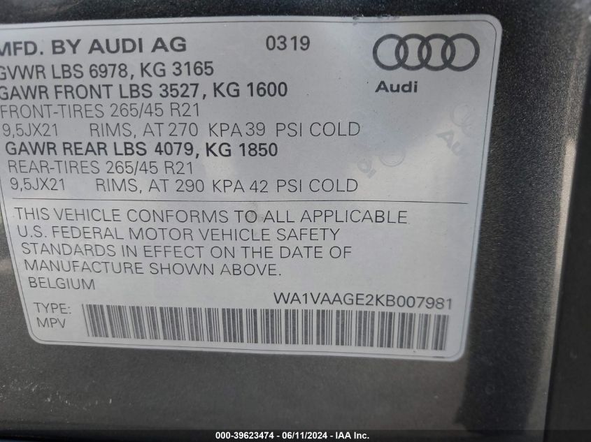 2019 Audi E-Tron Premium Plus VIN: WA1VAAGE2KB007981 Lot: 39623474