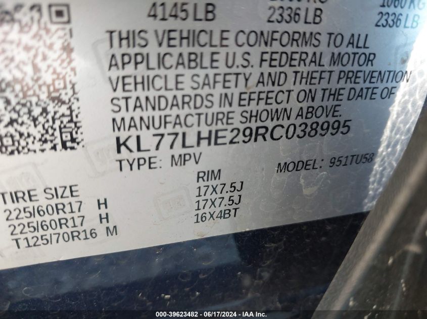 2024 Chevrolet Trax Fwd Lt VIN: KL77LHE29RC038995 Lot: 39623482