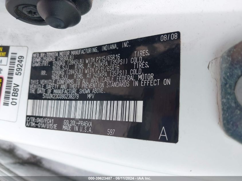 2009 Toyota Sienna Le VIN: 5TDZK23C09S238279 Lot: 39623487