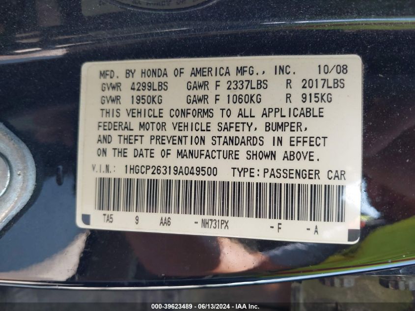 2009 Honda Accord 2.4 Lx VIN: 1HGCP26319A049500 Lot: 39623489