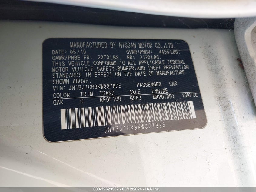 2019 Nissan Rogue Sport S VIN: JN1BJ1CR9KW337825 Lot: 39623502