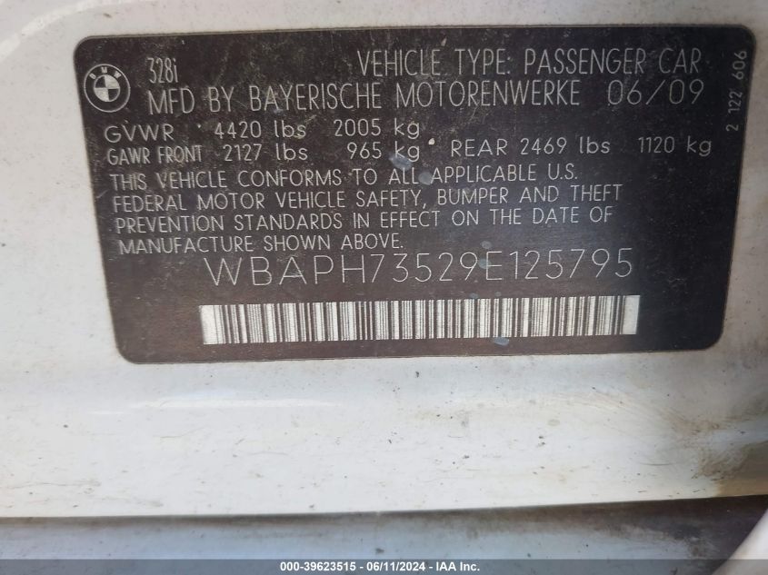 2009 BMW 328I VIN: WBAPH73529E125795 Lot: 39623515
