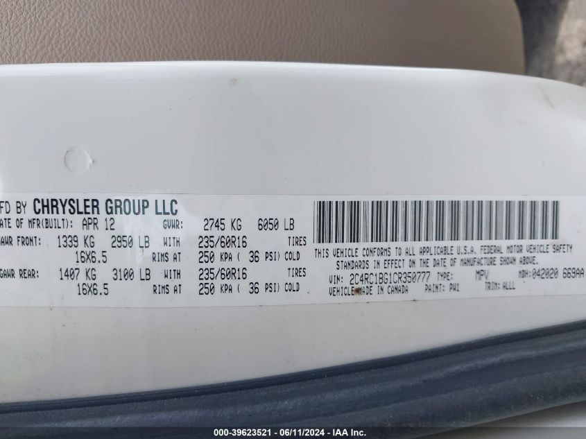 2012 Chrysler Town & Country Touring VIN: 2C4RC1BG1CR350777 Lot: 39623521