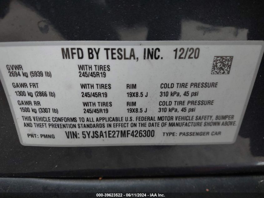 5YJSA1E27MF426300 2021 Tesla Model S Long Range Dual Motor All-Wheel Drive/Long Range Plus Dual Motor All-Wheel Drive