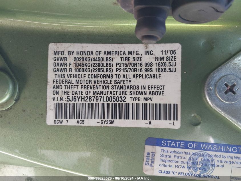 2007 Honda Element Ex VIN: 5J6YH28797L005032 Lot: 39623526