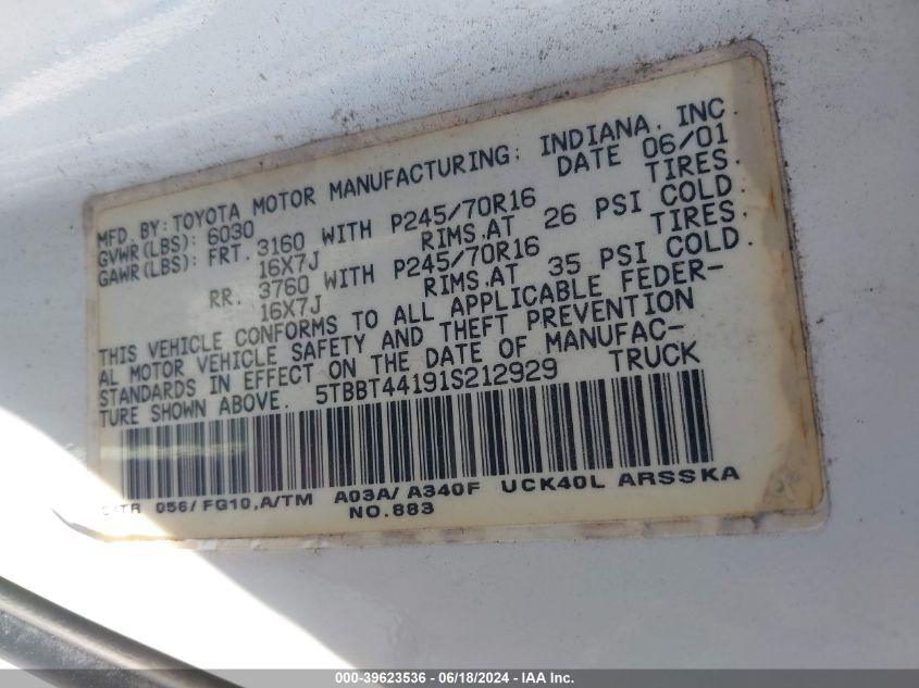 2001 Toyota Tundra Sr5 V8 VIN: 5TBBT44191S212929 Lot: 39623536