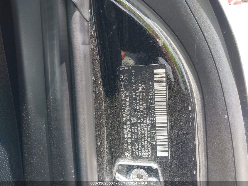 2005 BMW Z4 2.5I VIN: 4USBT33565LS58578 Lot: 39623537