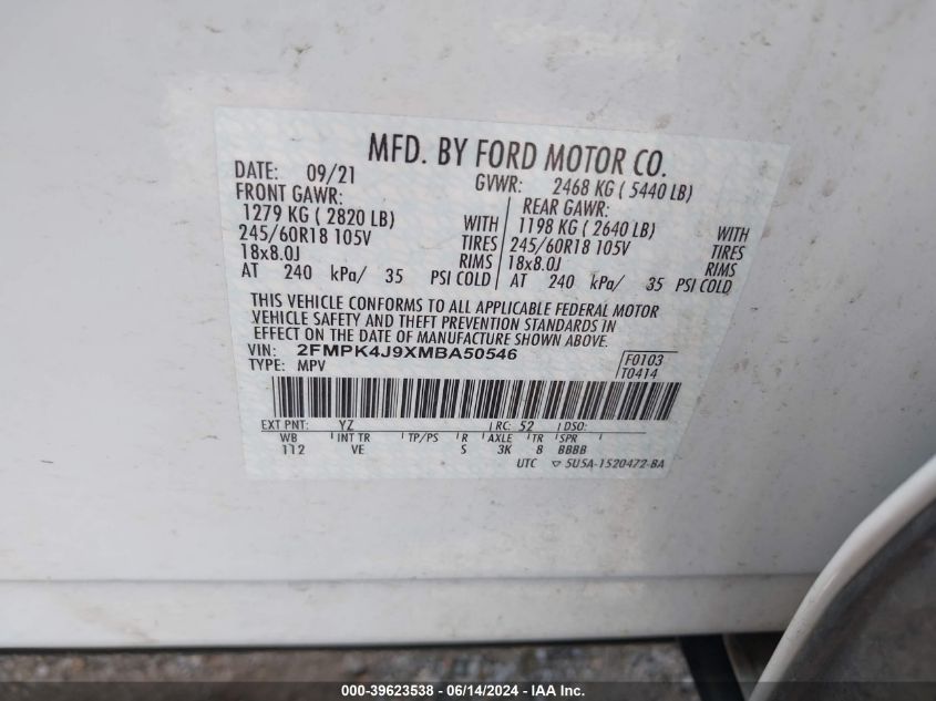 2021 Ford Edge Sel VIN: 2FMPK4J9XMBA50546 Lot: 39623538