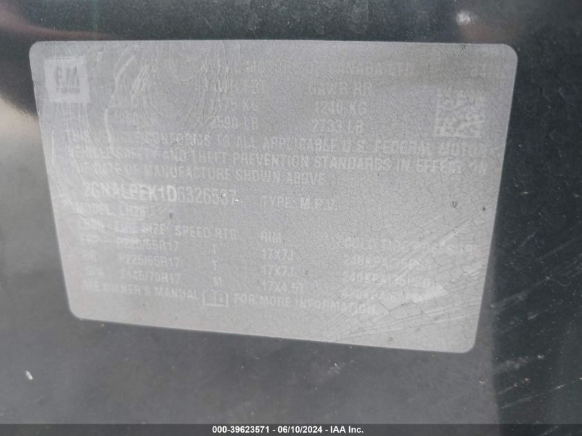 2013 Chevrolet Equinox 2Lt VIN: 2GNALPEK1D6326537 Lot: 39623571