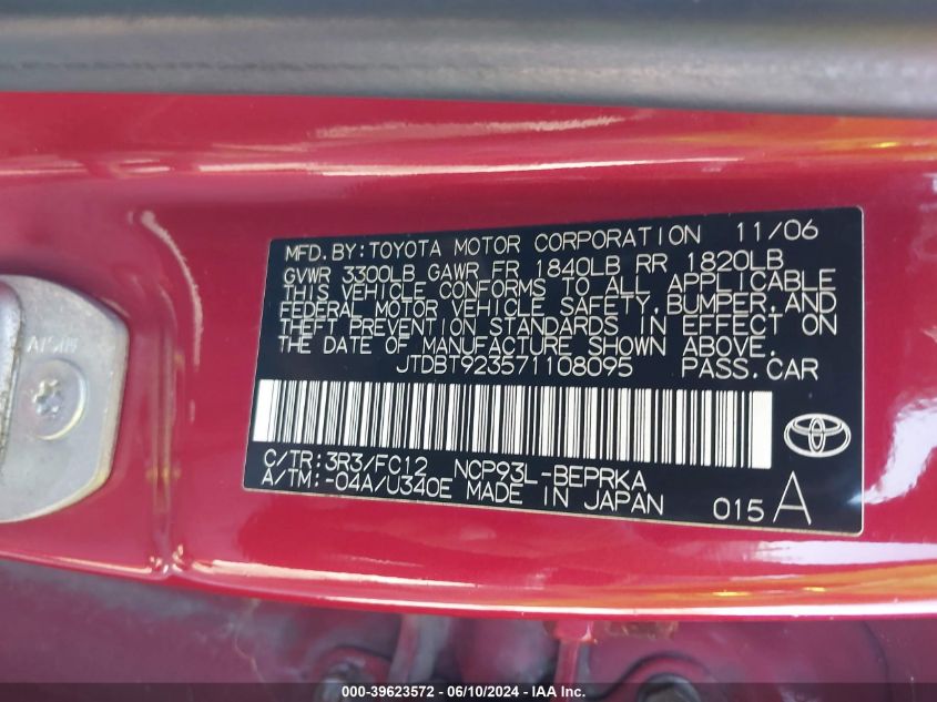 2007 Toyota Yaris VIN: JTDBT923571108095 Lot: 39623572