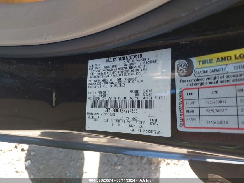 2008 Ford Fusion Sel VIN: 3FAHP081X8R224633 Lot: 39623574