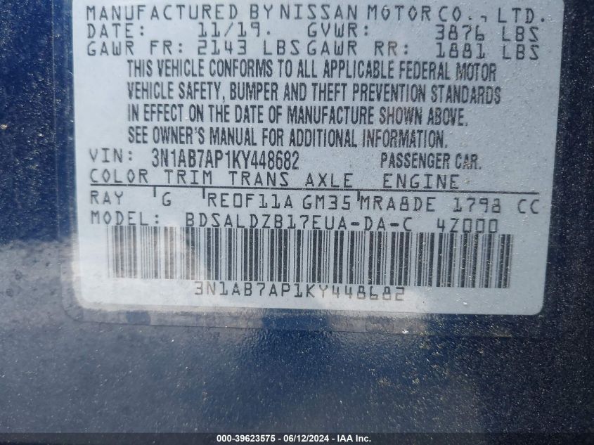 3N1AB7AP1KY448682 2019 Nissan Sentra Sv