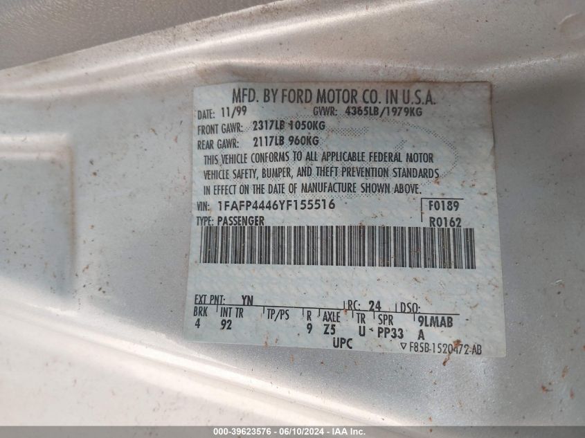2000 Ford Mustang VIN: 1FAFP4446YF155516 Lot: 39623576